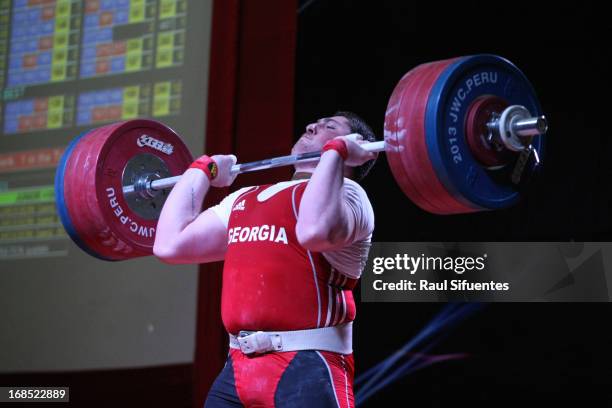 Junior World Champion Lasha Talakhadze of Georgia competes in Men's +105kg A during day seven of the 2013 Junior Weightlifting World Championship at...