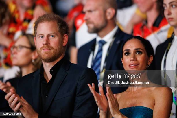 Prince Harry, Duke of Sussex and Meghan, Duchess of Sussex are seen during the closing ceremony of the Invictus Games Düsseldorf 2023 at Merkur...