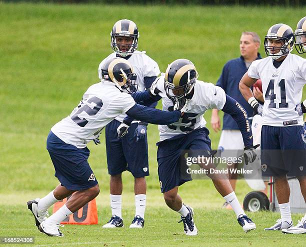 Brandon McGee guards T.J. McDonald of the St. Louis Rams during the 2013 St. Louis Rams rookie camp at Rams Park on May 10, 2013 in Earth City,...