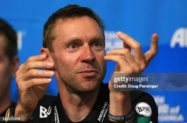 Jens Voigt of Germany riding for Radioshack-Leopard-Trek addresses the media during the kick off press conference for the 2013 AMGEN Tour of...