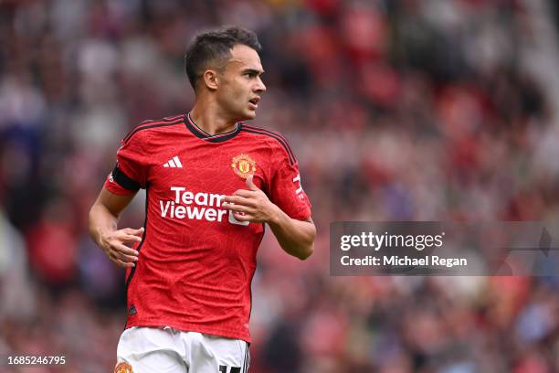 Sergio Reguilon of Manchester United looks on during the Premier League match between Manchester United and Brighton & Hove Albion at Old Trafford on...