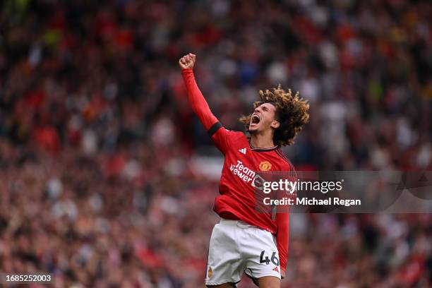 Hannibal Mejbri of Manchester United celebrates his goal to make it 3-1 during the Premier League match between Manchester United and Brighton & Hove...