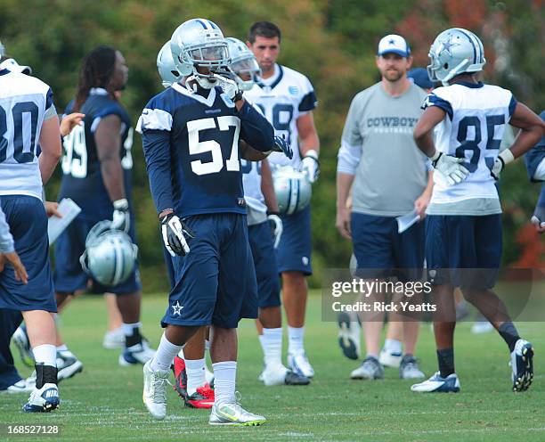 DeVonte Holloman attends a practice at the Dallas Cowboys Rookie Minicamp at the Dallas Cowboys Valley Ranch Headquarters on May 10, 2013 in Irving,...