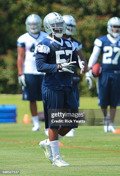 DeVonte Holloman attends a practice during the Dallas Cowboys Rookie Minicamp at the Dallas Cowboys Valley Ranch Headquarters on May 10, 2013 in...