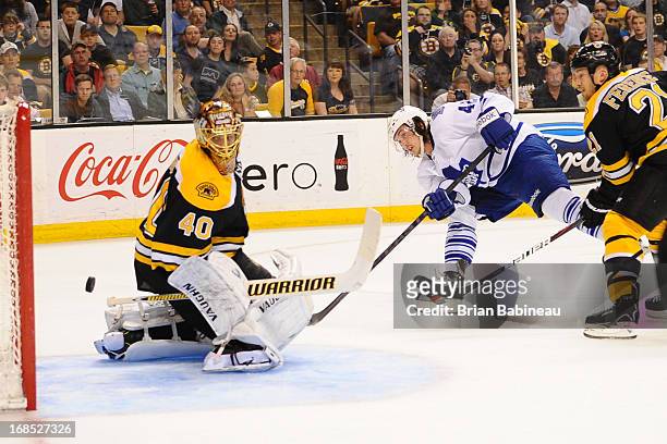 Tyler Bozak of the Toronto Maple Leafs scores a goal against Tuukka Rask of the Boston Bruins in Game Five of the Eastern Conference Quarterfinals...