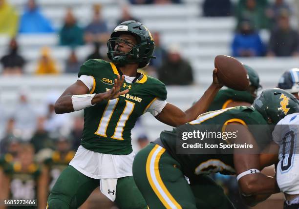 William & Mary Tribe Quarterback Darius Wilson throws a pass from the pocket during a college football game between the Maine Black Bears and the...