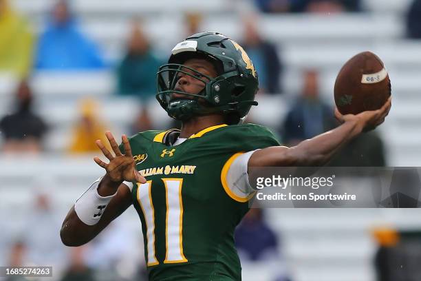 William & Mary Tribe Quarterback Darius Wilson throws a pass from the pocket during a college football game between the Maine Black Bears and the...