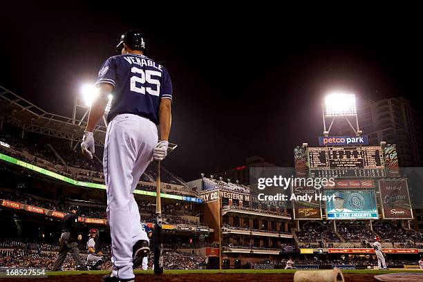 Will Venable of the San Diego Padres waits to bat in the on deck circle during the game against the Arizona Diamondbacks at Petco Park on May 4, 2013...