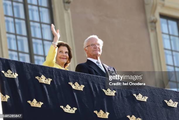 King Carl XVI Gustaf and Queen Silvia of Sweden arrive at the jubilee concert on Norrbro, organized by the City of Stockholm during celebrations of...