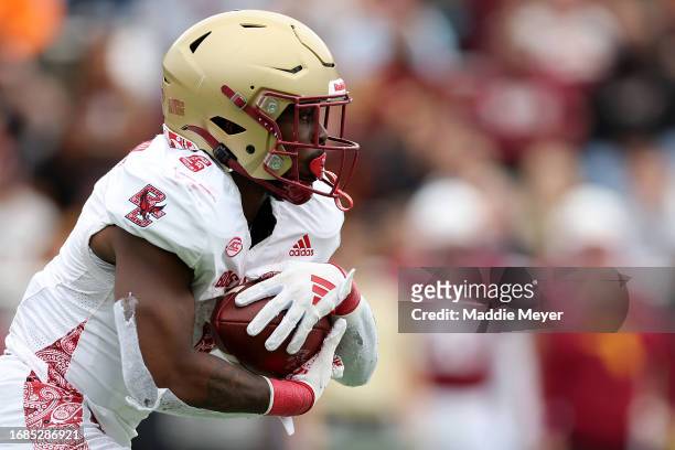 Kye Robichaux of the Boston College Eagles runs the ball during the first half of the game between the Florida State Seminoles and the Boston College...