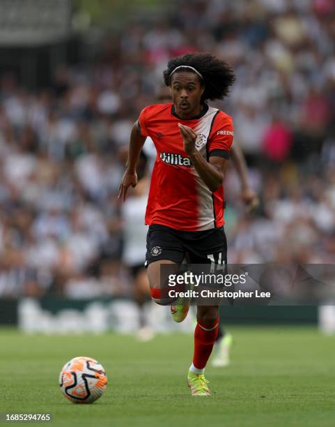 Tahith Chong of Luton in action during the Premier League match between Fulham FC and Luton Town at Craven Cottage on September 16, 2023 in London,...