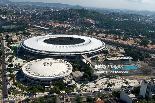 Aerial view of the Mario Filho stadium on May 10, 2013 in Rio de Janeiro, Brazil. . The Maracana stadium will host the upcomig Confederations Cup,...