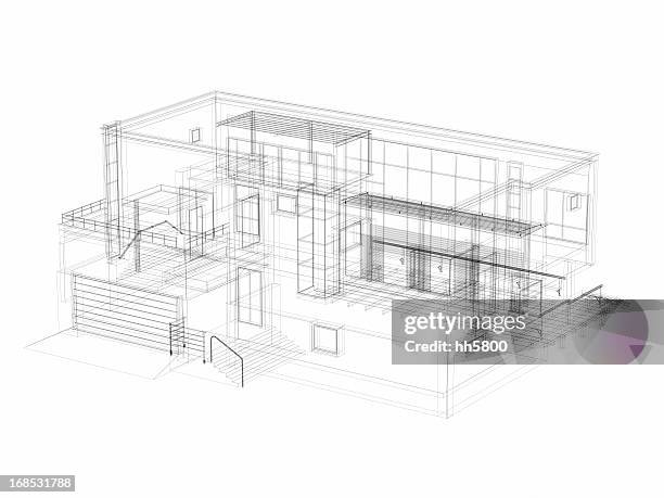 3d sketch architecture abstract villa - 3d wireframe stock pictures, royalty-free photos & images