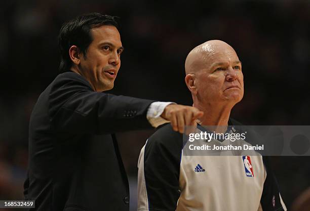 Head coach Erik Spoelstra of the Miami Heat argues a point to referee Joey Crawford as the Heat take on the Chicago Bulls in Game Three of the...