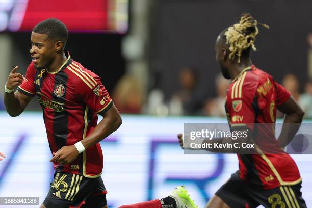 Xande Silva of Atlanta United celebrates with Tristan Muyumba after an own goal by Kamal Miller of Inter Miami CF during the first half at...