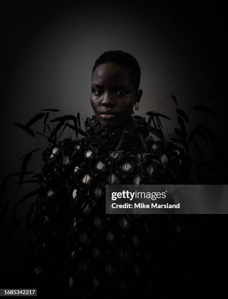 Model backstage ahead of the Richard Quinn show during London Fashion Week September 2023 at the Andaz Hotel on September 16, 2023 in London, England.