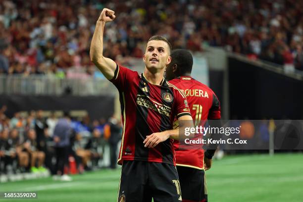 Brooks Lennon of Atlanta United celebrates after scoring a goal during the first half against Inter Miami CF at Mercedes-Benz Stadium on September...