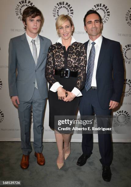 Actors Freddie Highmore, Vera Farmiga and Nestor Carbonell arrivie to The Paley Center for Media Presents "Bates Motel: Reimagining A Cinema Icon" at...