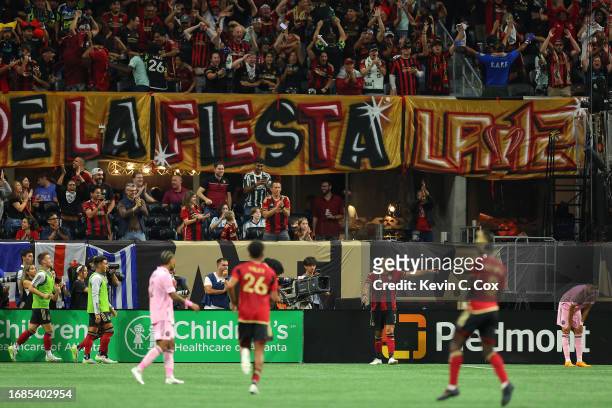 Giorgos Giakoumakis of Atlanta United celebrates after scoring a goal during the second half against Inter Miami CF at Mercedes-Benz Stadium on...