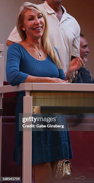 Actress Linda Thompson watches the band Brandon & Leah during the fourth annual Las Vegas Ultimate Elvis Tribute Artist Contest at the Fremont Street...