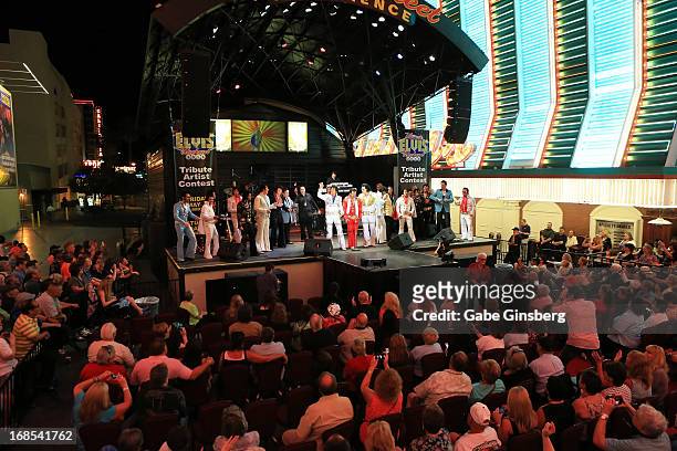 General view of the fourth annual Las Vegas Ultimate Elvis Tribute Artist Contest at the Fremont Street Experience on May 10, 2013 in Las Vegas,...