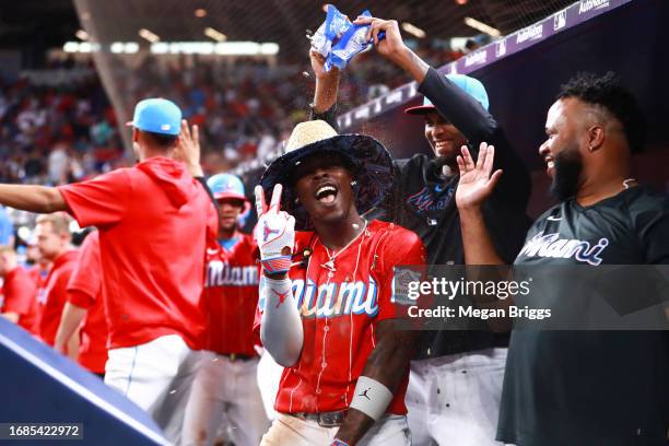 Jazz Chisholm Jr. #2 of the Miami Marlins celebrates after hitting a grand slam against the Atlanta Braves during the eighth inning of the game at...