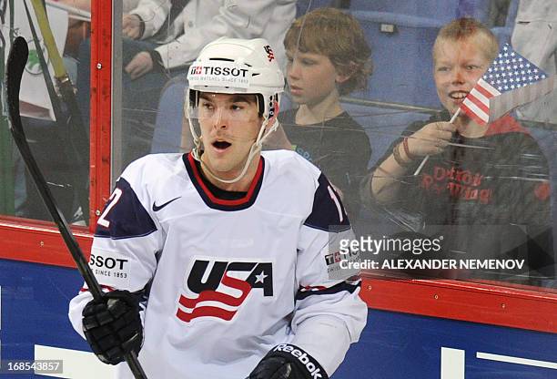 Forward Bobby Butler celebrates scoring during a preliminary round game USA vs France of the IIHF International Ice Hockey World Championship in...