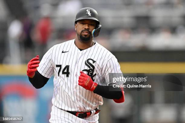 Eloy Jimenez of the Chicago White Sox hits a two-run home run in the first inning against the Minnesota Twins at Guaranteed Rate Field on September...