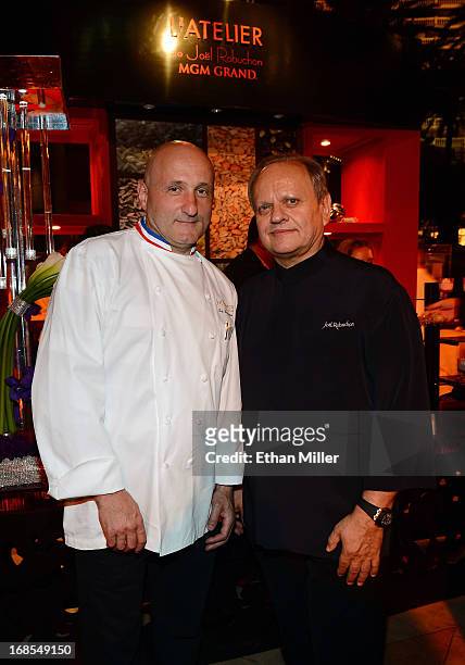 Chefs Eric Bouchenoire and Joel Robuchon appear at Vegas Uncork'd by Bon Appetit's Grand Tasting event at Caesars Palace on May 10, 2013 in Las...
