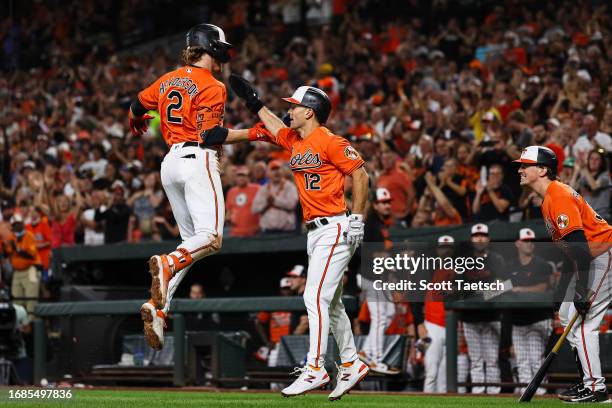 Gunnar Henderson of the Baltimore Orioles celebrates with Adam Frazier after hitting a two run home run against the Tampa Bay Rays during the second...