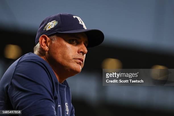 Manager Kevin Cash of the Tampa Bay Rays looks on during the second inning of the game against the Baltimore Orioles at Oriole Park at Camden Yards...