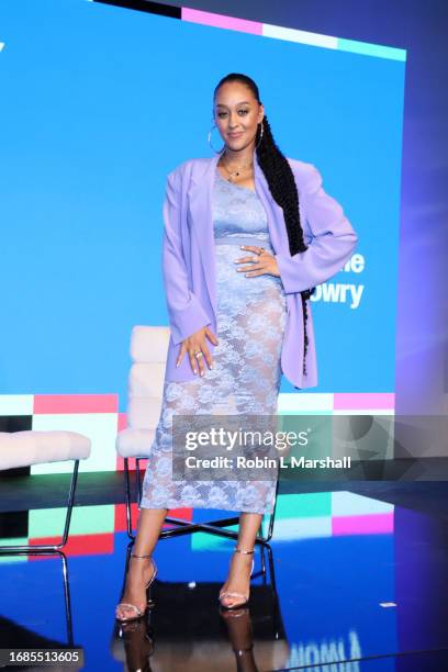 Tia Mowry poses onstage during Beautycon™ Los Angeles 2023 at The Reef on September 16, 2023 in Los Angeles, California.