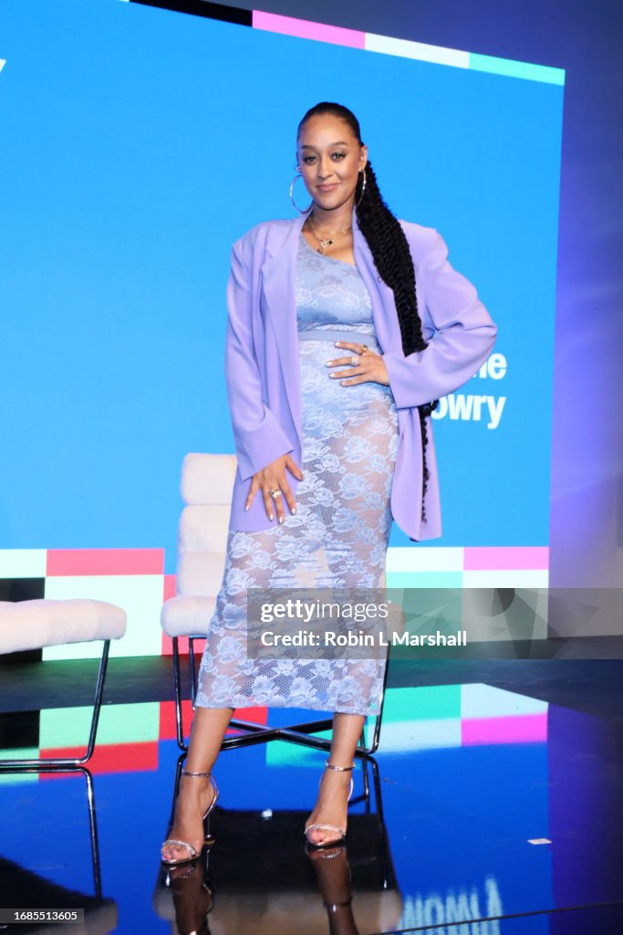 Tia Mowry poses onstage during Beautycon™ Los Angeles 2023 at The