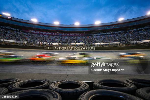 General view of racing during the NASCAR Cup Series Bass Pro Shops Night Race at Bristol Motor Speedway on September 16, 2023 in Bristol, Tennessee.