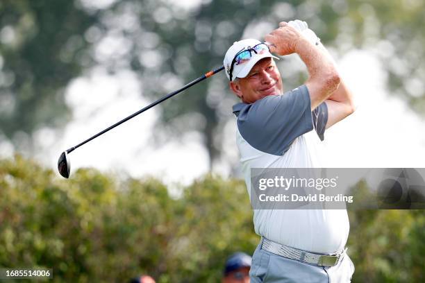 Woody Austin of the United States plays his tee shot on the third hole during the second round of the Sanford International at Minnehaha Country Club...