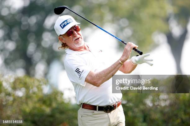 Miguel Angel Jimenez of Spain plays his tee shot on the third hole during the second round of the Sanford International at Minnehaha Country Club on...