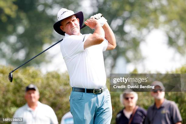 Marco Dawson of the United States plays his tee shot on the third hole during the second round of the Sanford International at Minnehaha Country Club...