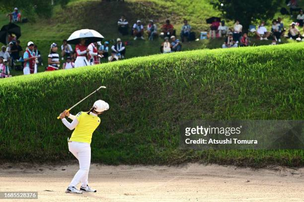 Mizuki Ooide of Japan hits out from a bunker 3 during the final round of 54th SUMITOMO LIFE Vitality Ladies Tokai Classic at Shin Minami Aichi...