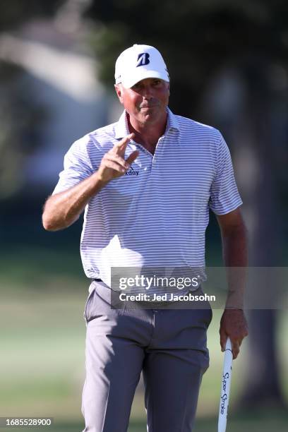 Matt Kuchar of the United States reacts on the 18th green during the third round of the Fortinet Championship at Silverado Resort and Spa on...