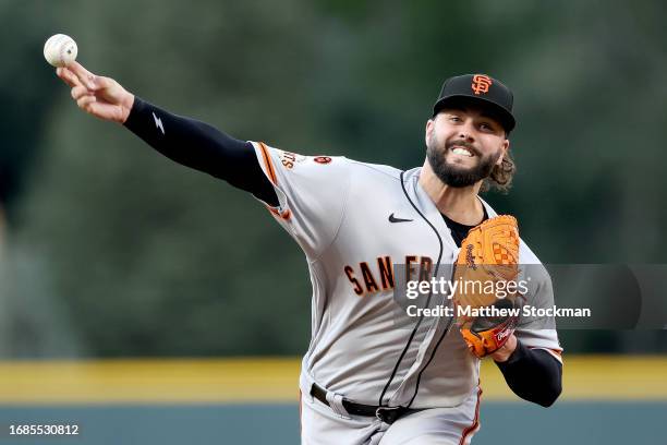 Pitcher Jakob Junis of the San Francisco Giants throws against the Colorado Rockies in the first inning of Game Two of a doubleheader at Coors Field...