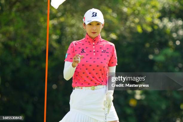 Rei Matsuda of Japan acknowledges the gallery after the birdie on the 1st green during the final round of Sanyo Shimbun Ladies Cup at Tojigaoka...