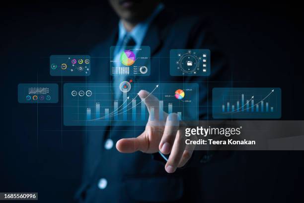 collaborative corporate finance analysis businesspeople strategizing on monitor graph dashboard - screen dashboard analytics stockfoto's en -beelden