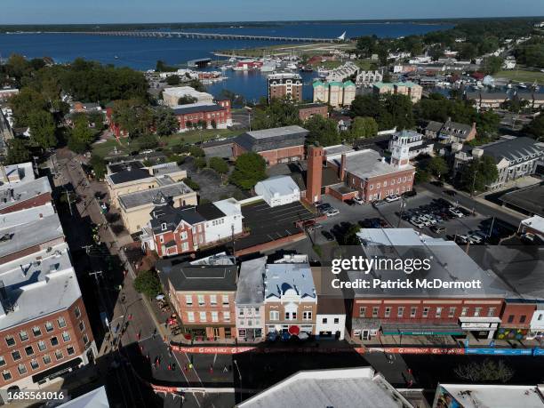 An aerial view as athletes compete on the run course at IRONMAN Maryland on September 16, 2023 in Cambridge, Maryland.