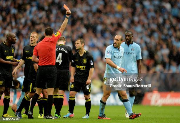 Pablo Zabaleta of Manchester City is sent off by referee Andre Marriner during the FA Cup with Budweiser Final between Manchester City and Wigan...