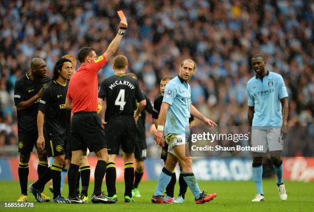 Pablo Zabaleta of Manchester City is sent off by referee Andre Marriner during the FA Cup with Budweiser Final between Manchester City and Wigan...