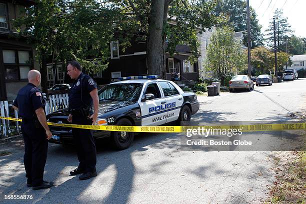 Waltham police have closed off Harding Avenue in Waltham, the day after three men were found dead. The house is the yellow house to the right of the...