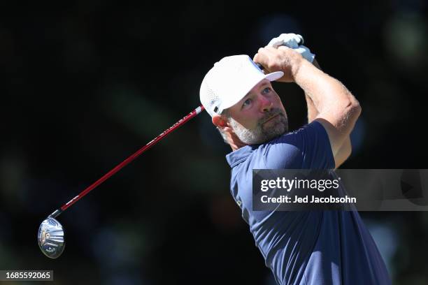 Ryan Moore of the United States plays his shot from the 14th tee during the third round of the Fortinet Championship at Silverado Resort and Spa on...