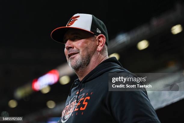 Manager Brandon Hyde of the Baltimore Orioles reacts during the ninth inning of the game Tampa Bay Rays at Oriole Park at Camden Yards on September...