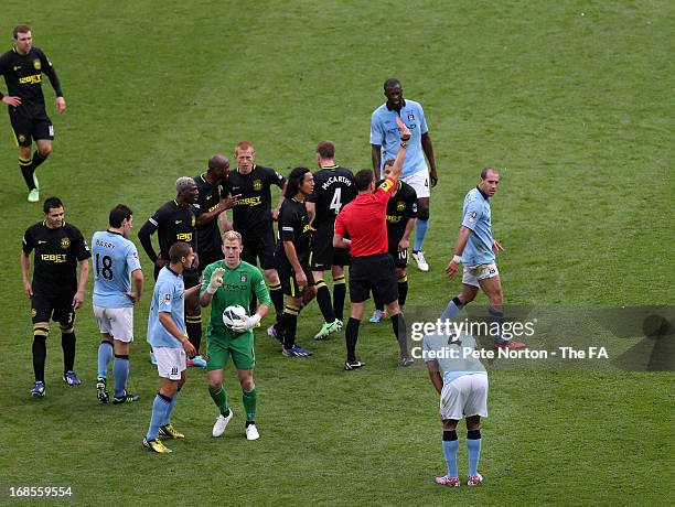 Pablo Zabaleta of Manchester City receives a red card from referee Andre Marriner during the FA Cup with Budweiser Final match between Manchester...