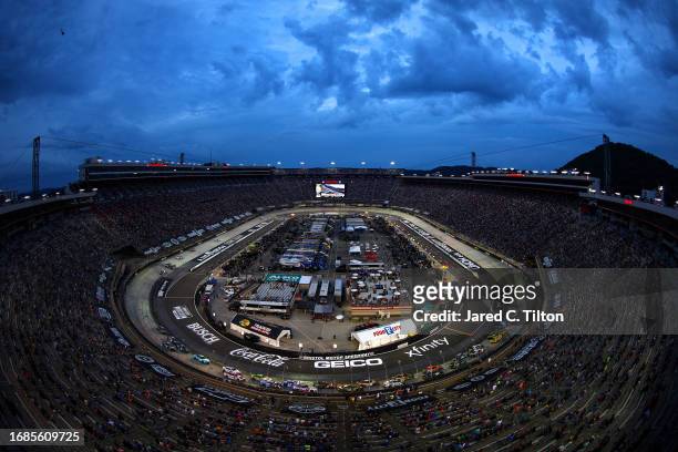 General view of racing during the NASCAR Cup Series Bass Pro Shops Night Race at Bristol Motor Speedway on September 16, 2023 in Bristol, Tennessee.